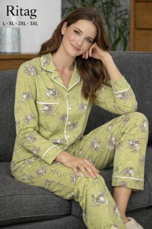 Women’s Green Cotton Button-Up Pajama Set
